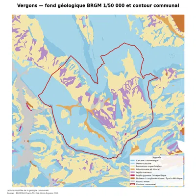 Carte géologique BRGM de Vergons avec contour communal