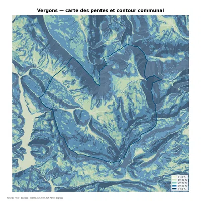 Carte des pentes sur la commune de Vergons