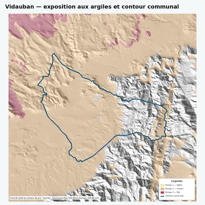 Carte argiles RGA de Vidauban avec contour communal