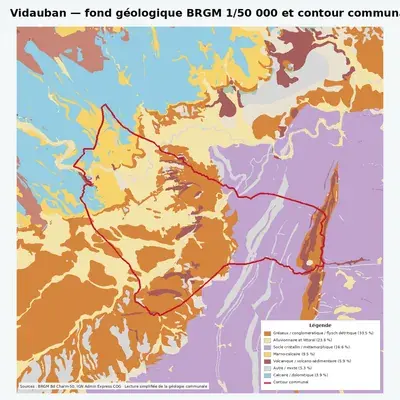 Carte géologique BRGM de Vidauban avec contour communal