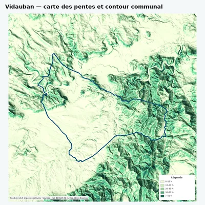 Carte des pentes de Vidauban avec contour communal