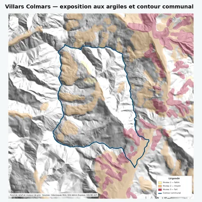Carte argiles RGA de Villars Colmars avec contour communal