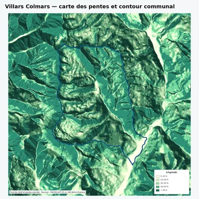 Carte des pentes de Villars Colmars avec contour communal