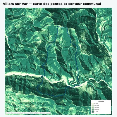 Carte des pentes de Villars sur Var avec contour communal