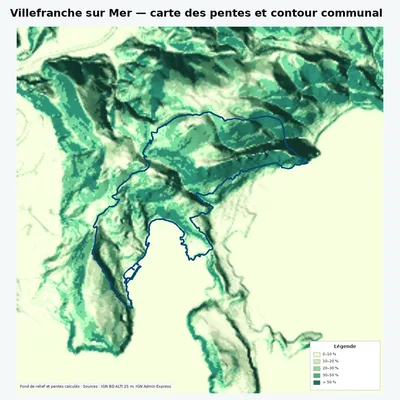 Carte des pentes de Villefranche sur Mer avec contour communal