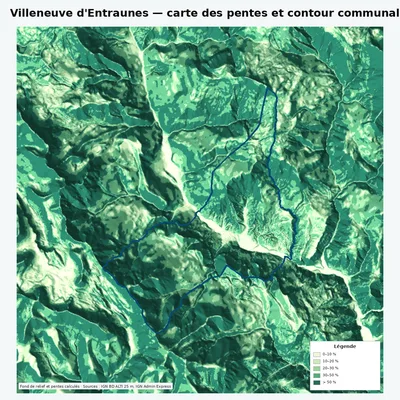 Carte des pentes de Villeneuve d\ avec contour communal