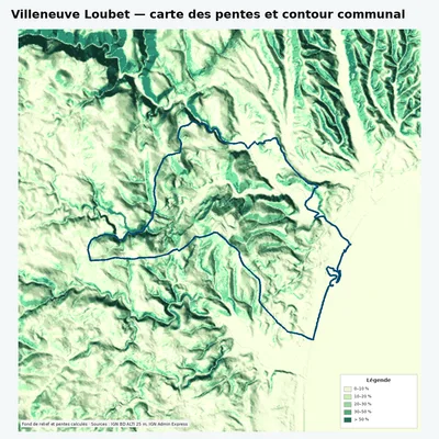 Carte des pentes de Villeneuve Loubet avec contour communal