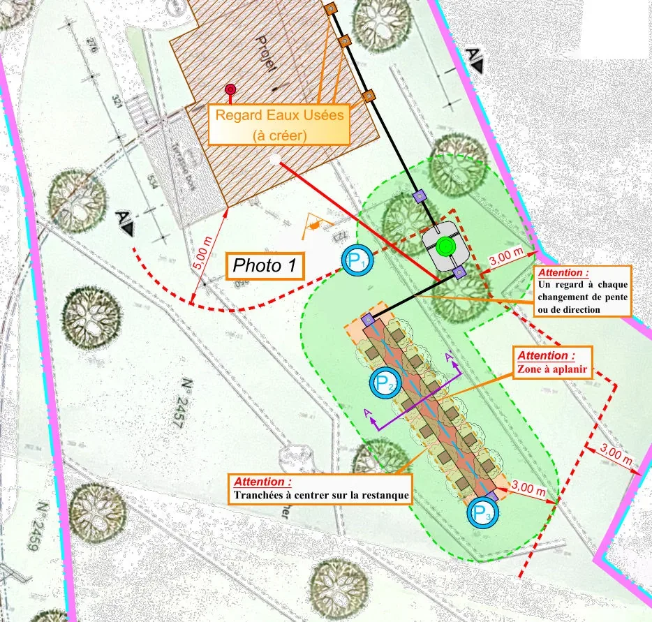 Exemple anonymisé de plan d’implantation pour microstation ANC avec tranchée d’irrigation