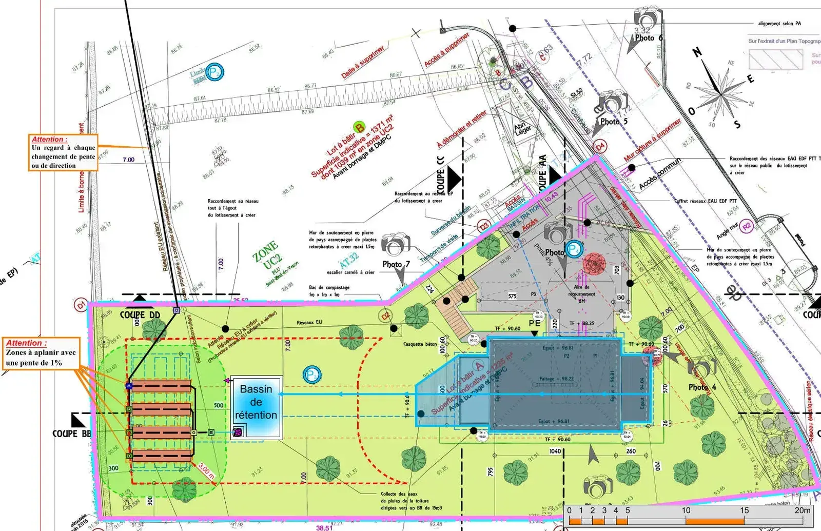 Exemple anonymisé de plan d’implantation pour gestion des eaux pluviales avec bassin de rétention et tranchées d’infiltration