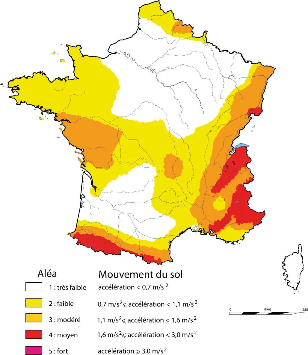 Carte du zonage sismique de la France utilisée pour identifier le niveau d’aléa sismique réglementaire